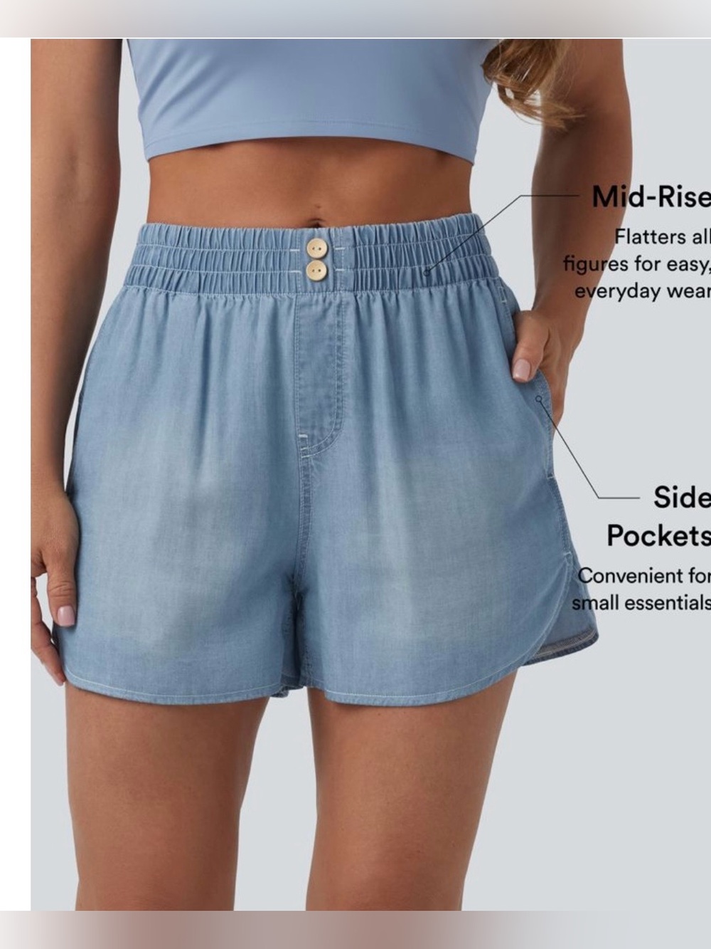 HALARA Sky Blue Mid Rise Elastic Waistband Shorts Cute buttons, pockets  NWT